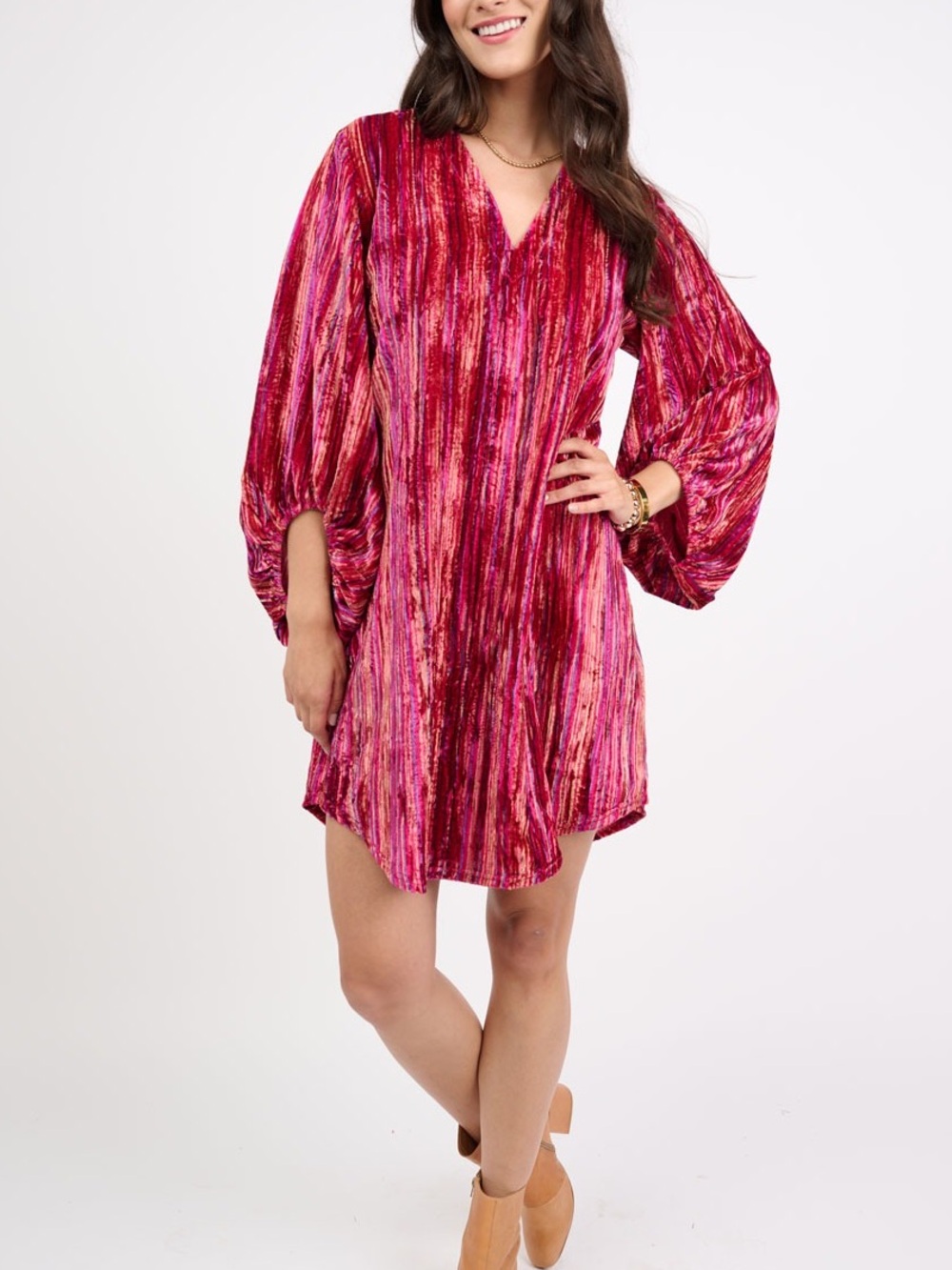 Uncle Frank Fuchsia Red Velvet Stripe Mini Dress V-Neck Long Sleeve XS